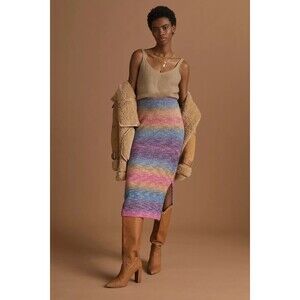 Anthropologie Sunset Knitted Midi Skirt Womens Size 6 Rainbow Stripe Side Slit